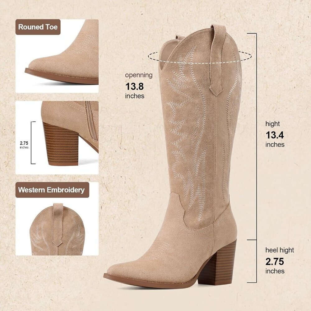 Women's Apricot Wide Calf Cowgirl Western Embroidery Chunky High Heel Boots - Picture 4 of 6